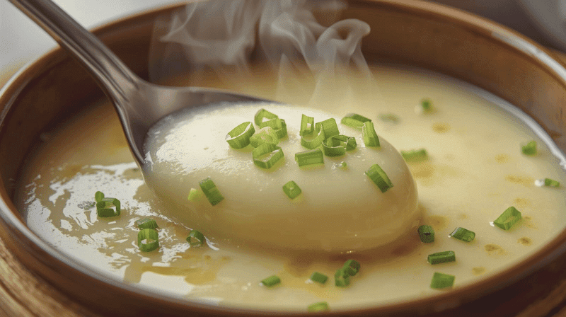 Silky smooth Chinese steamed egg custard (蒸蛋羹) garnished with scallions and soy sauce in a white bowl.