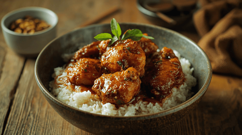 Authentic Filipino chicken adobo served over steamed white rice with bay leaves and peppercorns, food photography style (AI-generated illustration)