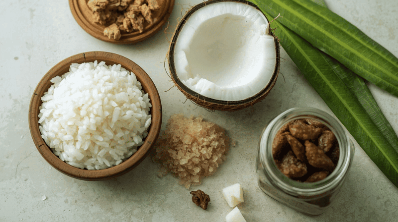 Traditional kakanin ingredients - glutinous rice, coconut, brown sugar for Filipino rice cakes | Making authentic Filipino desserts