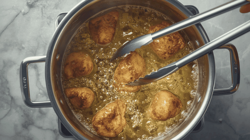 Korean fried chicken pieces frying in hot oil during the crucial double-frying process for extra crispiness.