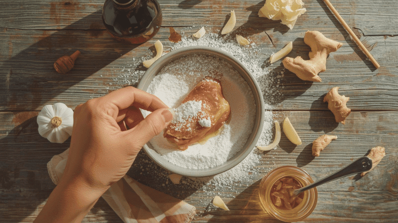 Coating marinated chicken pieces in potato starch, the key to achieving a light and crispy crust on Korean fried chicken.