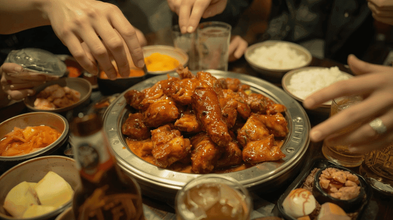 A shared platter of Dakgangjeong served with traditional Korean sides like pickled radish and kimchi, perfect for a social meal.
