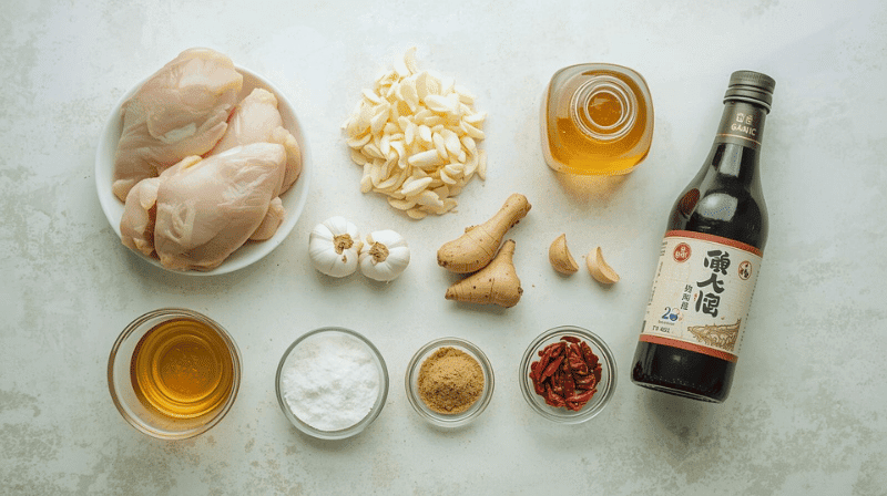 All ingredients for making Korean soy garlic fried chicken, including chicken, soy sauce, honey, garlic, and potato starch.
