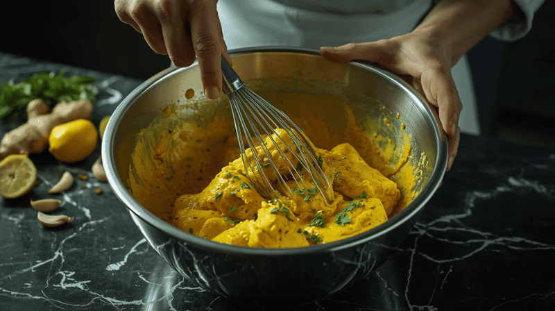 Close-up of marinating chicken in a spiced yogurt and turmeric blend for easy butter chicken recipe.