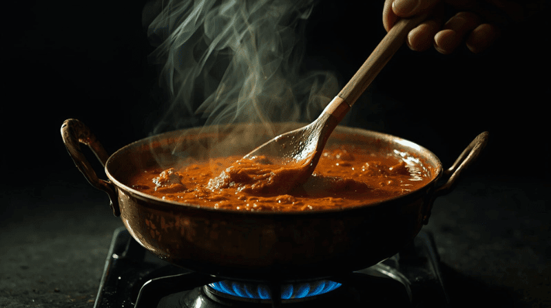 Simmering pot of rich, creamy butter chicken sauce on a stovetop, showing its velvety texture.