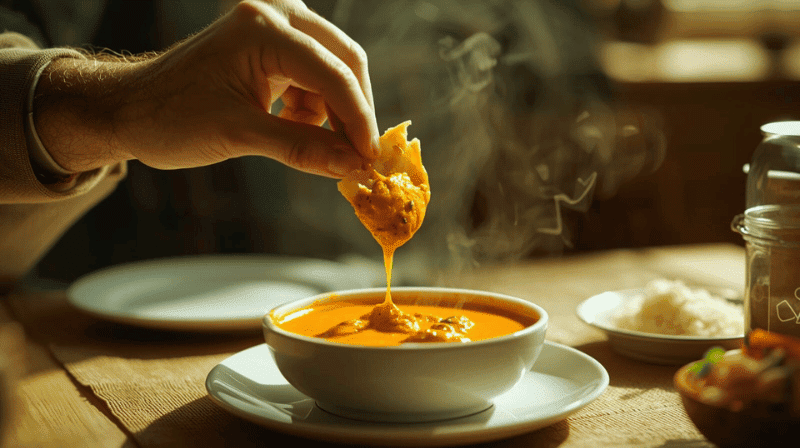 Person dipping warm naan bread into a bowl of creamy Indian butter chicken curry.