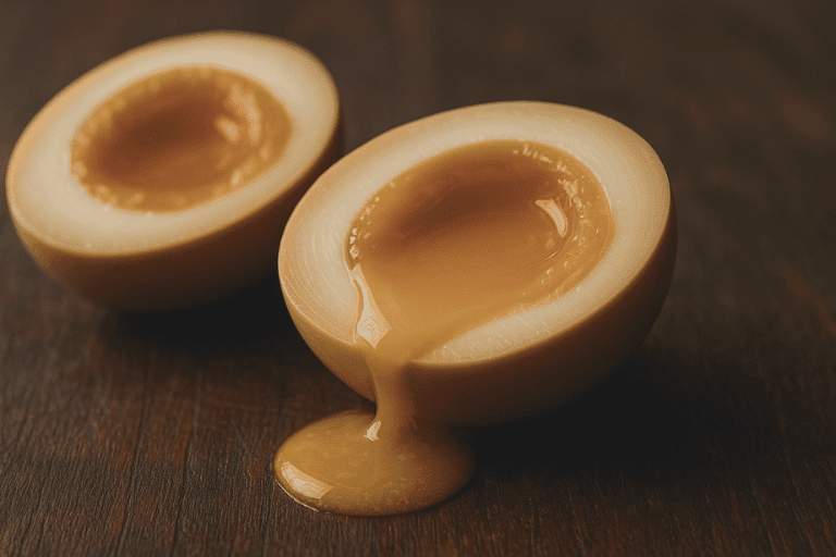 Extreme close-up of a perfectly sliced soy marinated egg with a runny jammy yolk, resting on a wooden board.