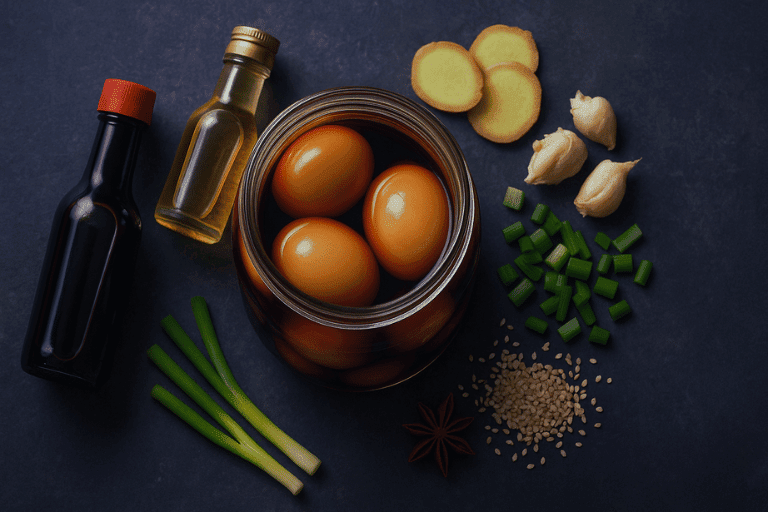 Extreme close-up of a perfectly sliced soy marinated egg with a runny jammy yolk, resting on a wooden board.