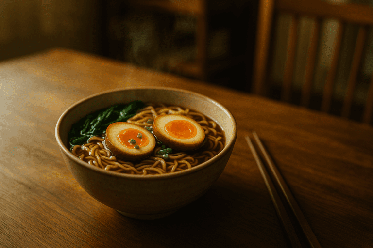 Extreme close-up of a perfectly sliced soy marinated egg with a runny jammy yolk, resting on a wooden board.