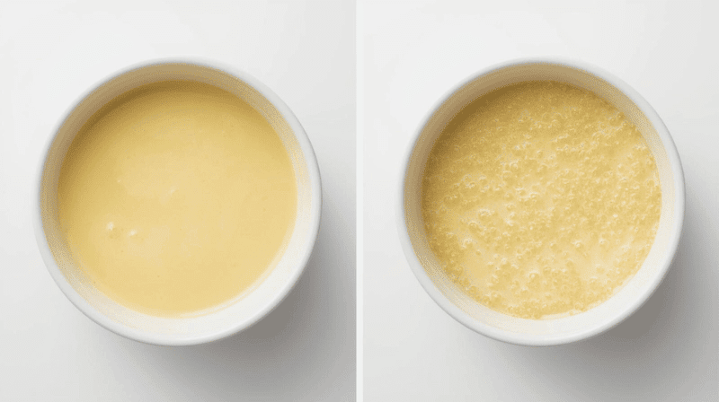 Comparison of perfect smooth steamed egg vs failed bubbly steamed egg.