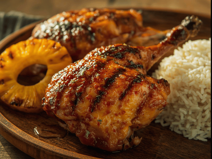Close-up of juicy Huli Huli Chicken thighs with a sticky glaze, served with grilled pineapple rings and white rice on a wooden platter.