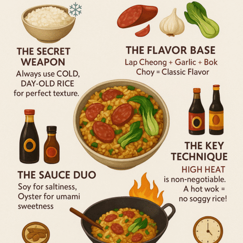 Infographic summarizing 5 key tips for perfect Shanghai fried rice: use cold rice, the classic flavor base, the sauce duo, high heat, and letting it rest.