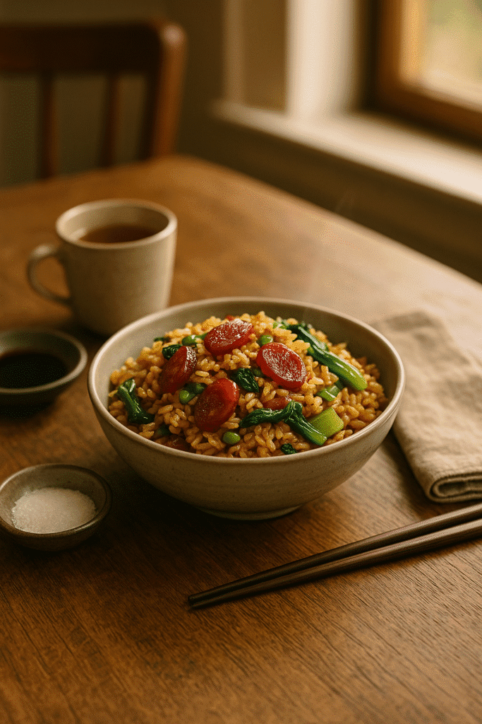A bowl of Shanghai fried rice on a rustic table set for a meal with tea and chopsticks.