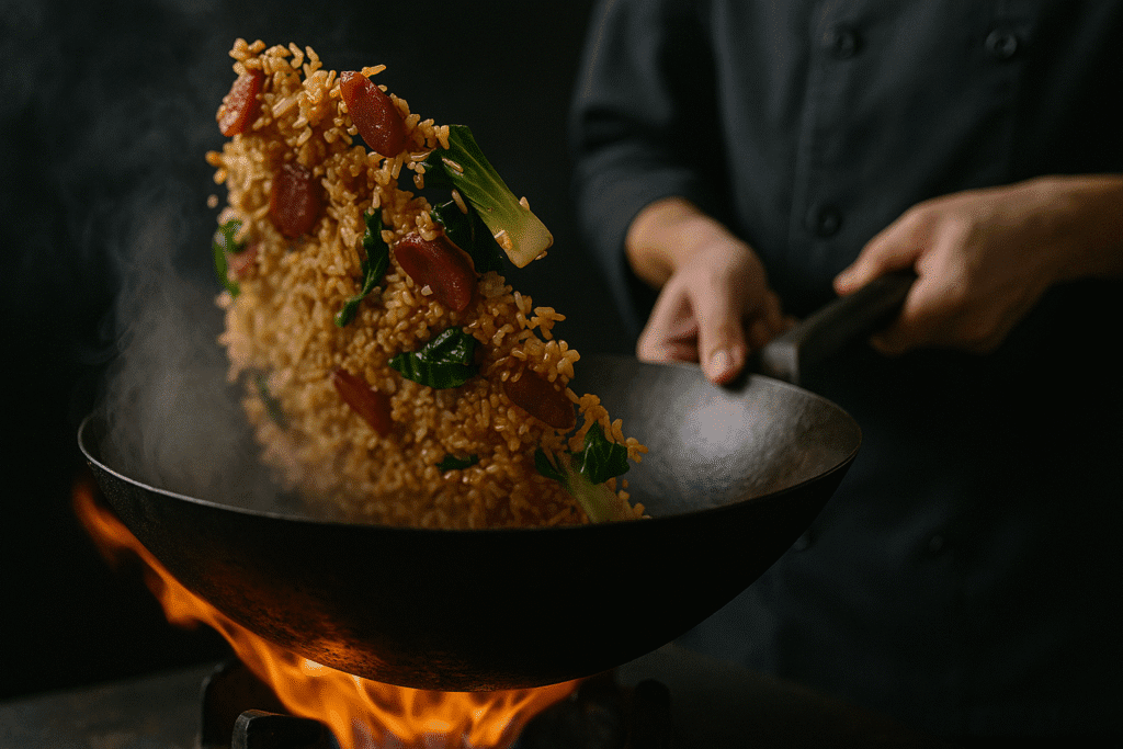 A bowl of Shanghai fried rice on a rustic table set for a meal with tea and chopsticks.