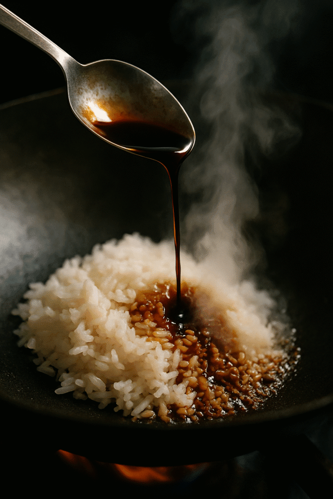 Pouring dark soy sauce onto the hot side of a wok filled with rice, creating steam.