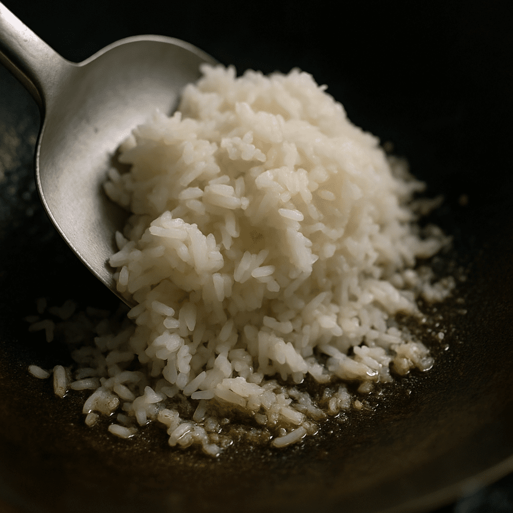 A spatula breaking up clumps of cold rice in a hot wok, showing individual grains.