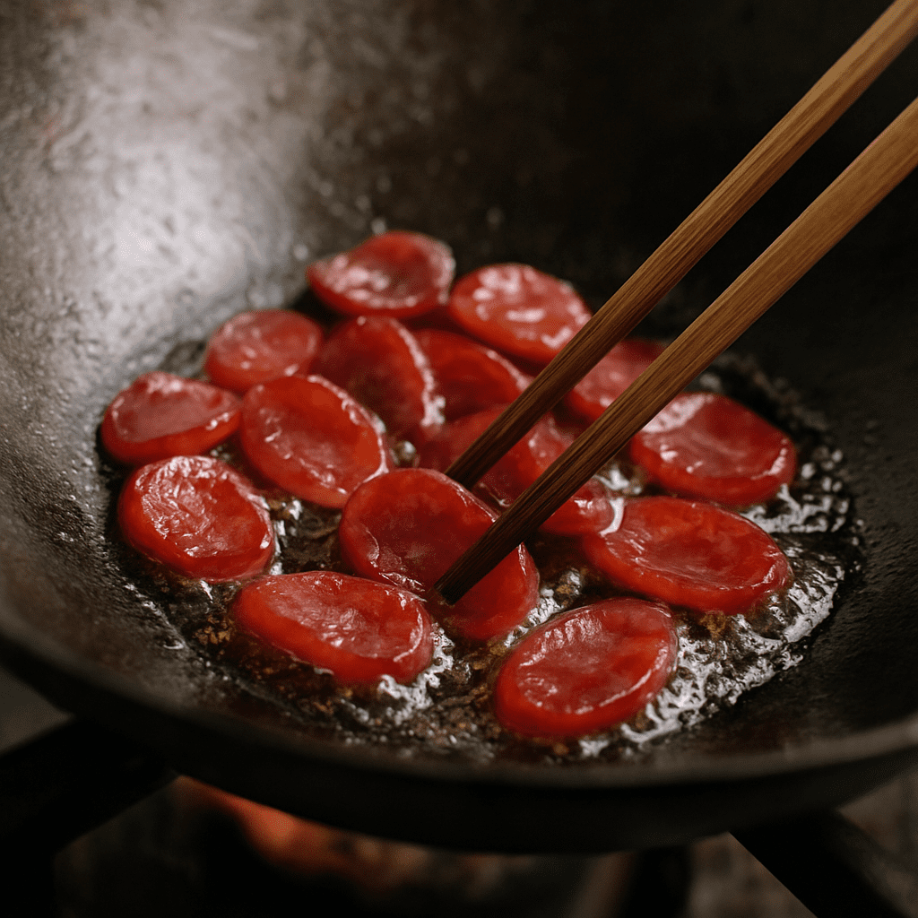 Close-up of Chinese sausage slices sizzling and curling in a hot wok, rendering red oil.