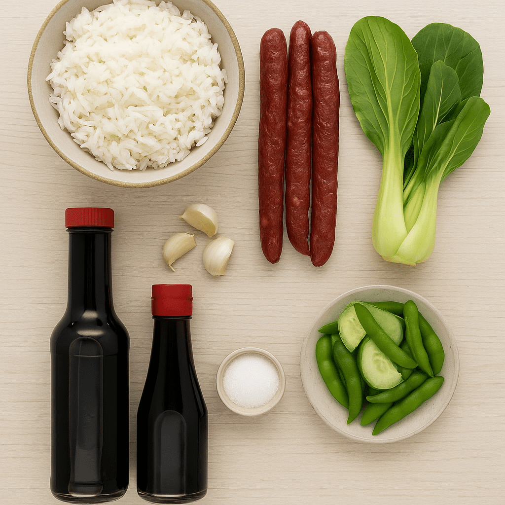 Flat lay of ingredients for Shanghai fried rice: jasmine rice, Chinese sausage, bok choy, garlic, soy sauce, and oyster sauce.