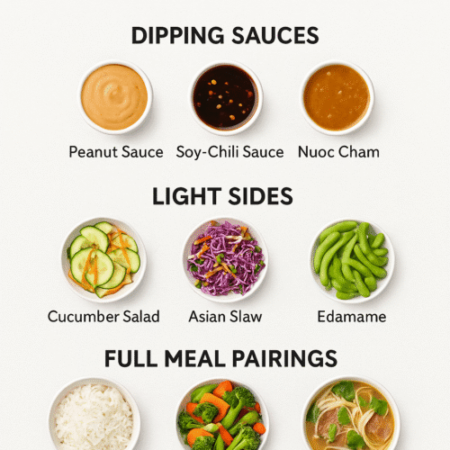 Infographic showing what to eat with spring rolls ideas: dipping sauces, sides, and meal pairings with call-to-action