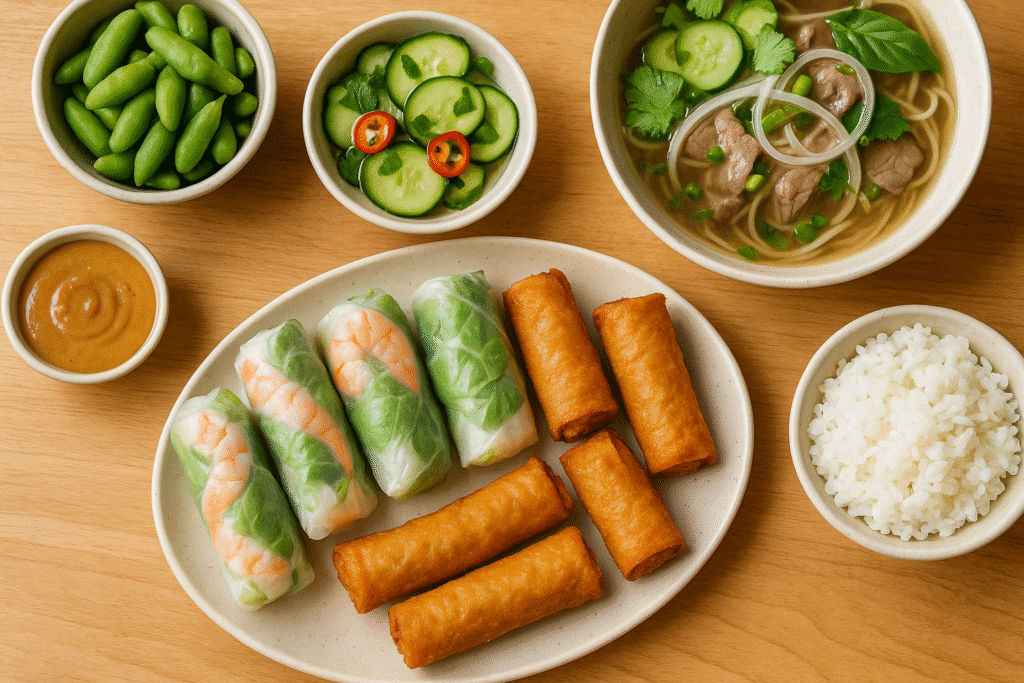Fresh and fried spring rolls with peanut sauce, cucumber salad, pho, and steamed rice on a wooden table