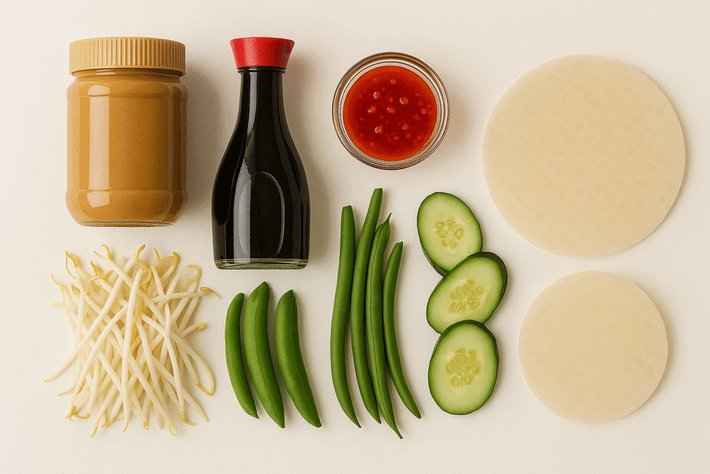 Flat lay of spring roll sides: cucumbers, bean sprouts, green beans, peanut butter, soy sauce, and chili sauce