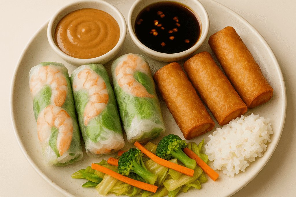 Spring rolls served with peanut dipping sauce, soy chili sauce, and fresh herbs on the side